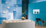 Salle de bain avec mur de différente teinte de bleues